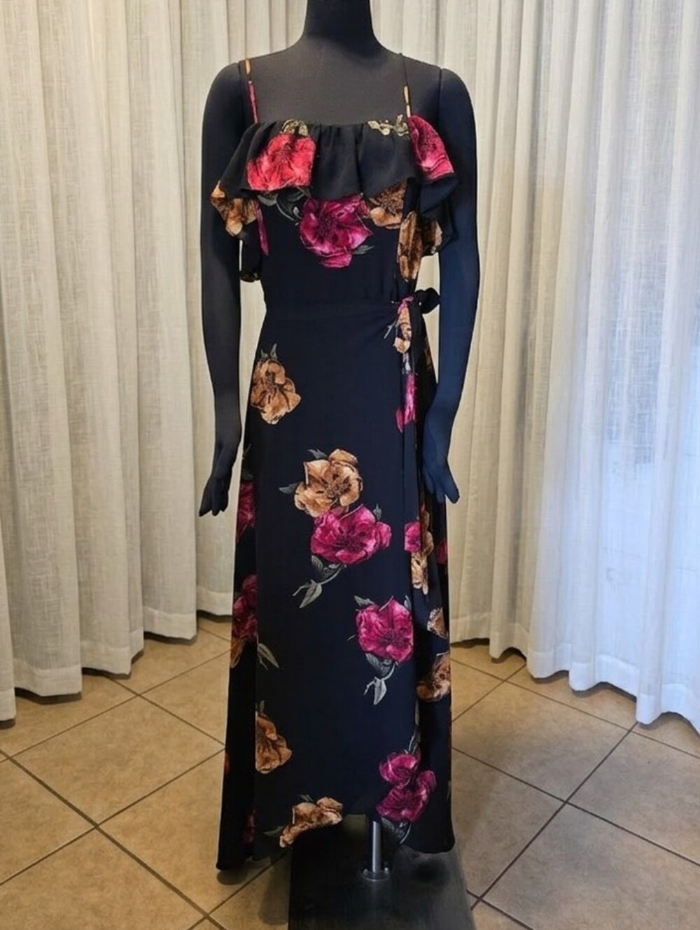 re:named Black Maxi Dress with Pink & Tan Floral Accents